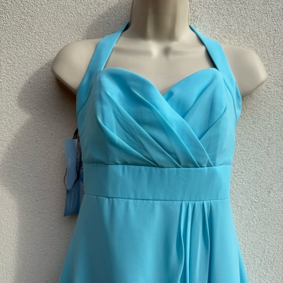 Alfred Angelo Halter Chiffon Mini Dress Blue Box Draped Prom Bridesmaid size 4 - Picture 2 of 7